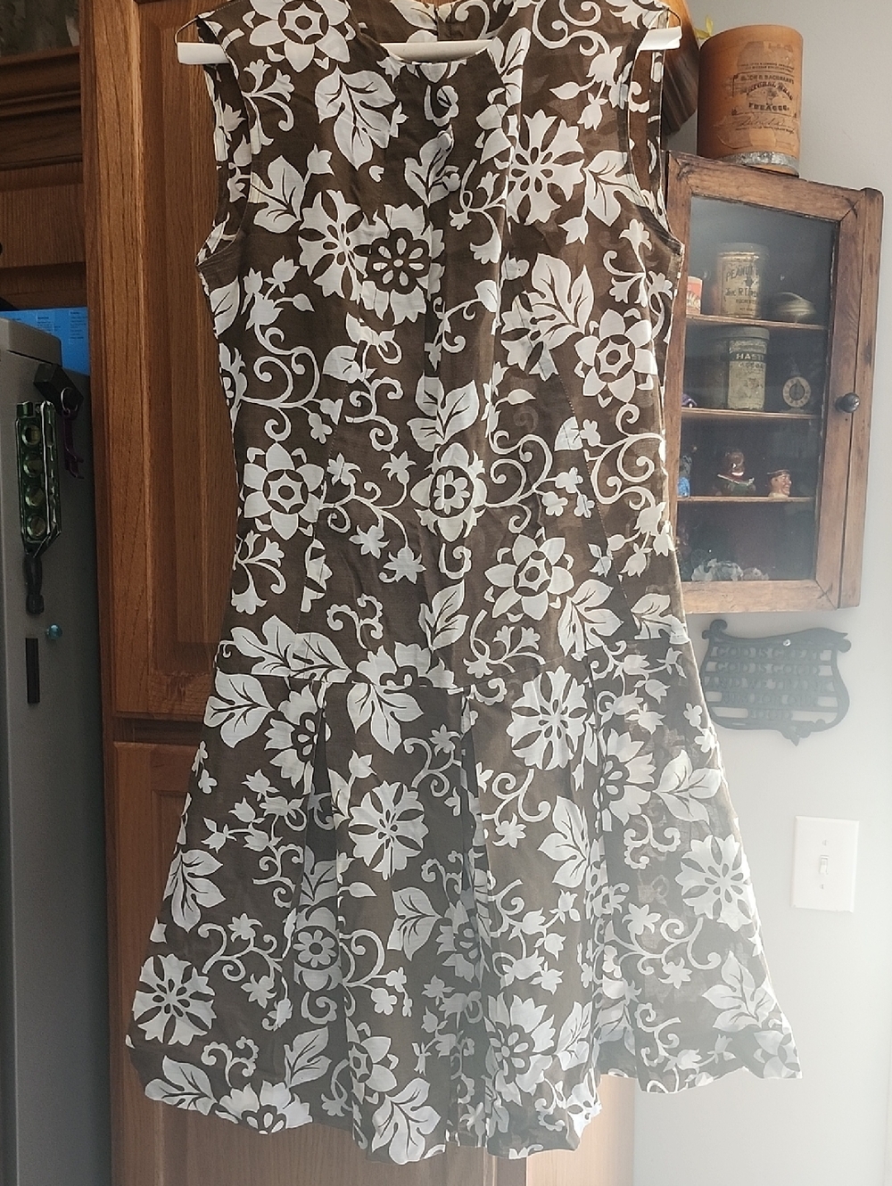 Vtg Carol Brent Sleeveless Brown & White Floral Fit-and-Flare Dress 14
